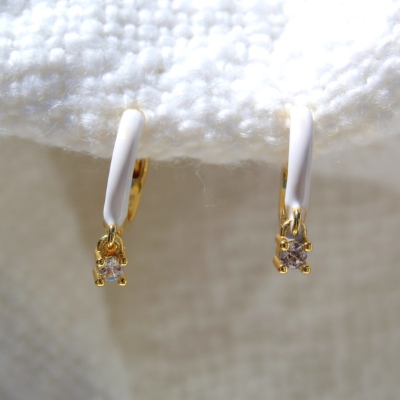 Sterling Silver White Enamel Hoop Earrings with Simulated Diamond - Picture 1 of 11